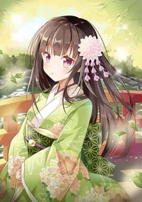 Hình ảnh Anime mặc áo Kimono màu xanh lá cây.