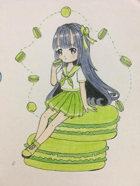 Hình ảnh manga dễ thương màu xanh lá cây nhỏ nhắn