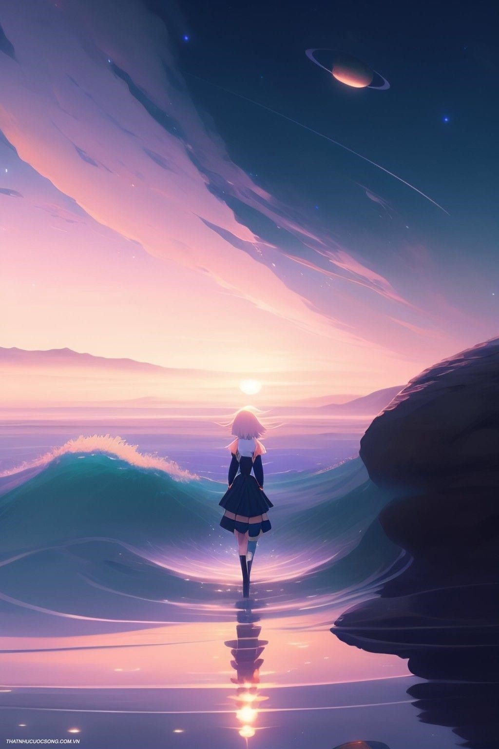Hình ảnh manga cô đơn một mình đi dạo trên bãi biển.