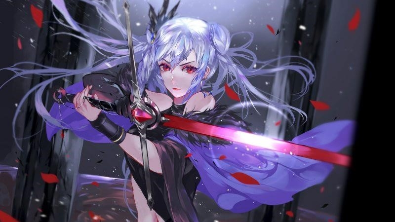 Hình nền của cô gái anime có mái tóc màu bạch kim và cầm kiếm.
