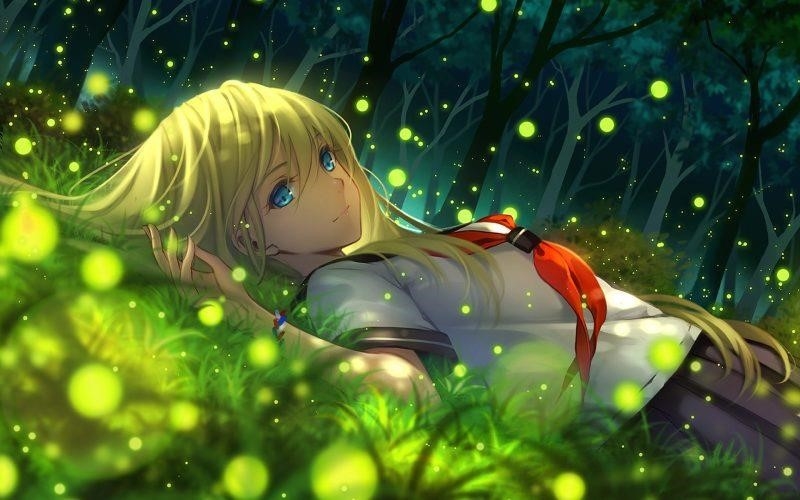 Hình nền của một cô gái anime đang tắm dưới ánh sáng trong khu rừng.