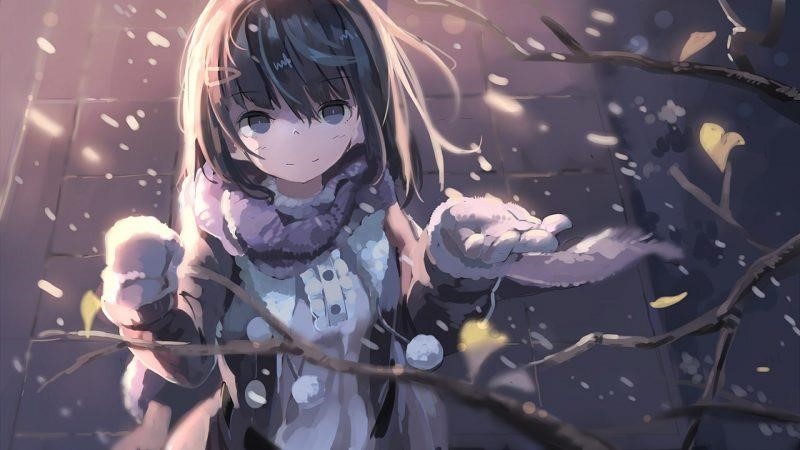Hình nền cô gái anime trong mùa đông với tuyết rơi Full-HD dành cho máy tính.