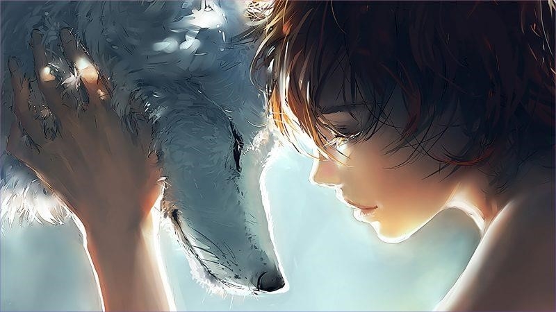 Hình nền anime máy tính hiện cô gái và con sói trắng đang thư giãn.