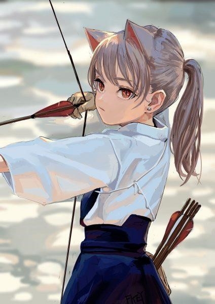 Hình nền đẹp với hình ảnh một nữ nhân vật anime có hình dạng giống mèo và sử dụng cung để bắn.