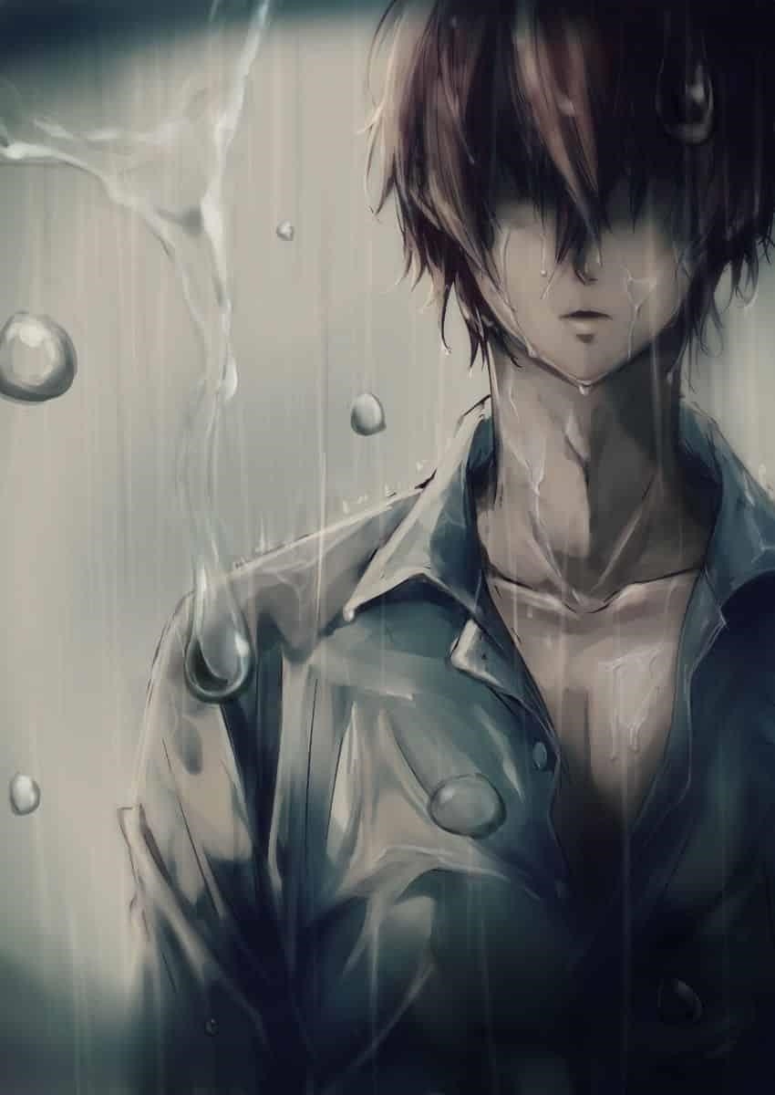 hình ảnh của một nhân vật anime đau khổ đứng khóc dưới trời mưa.