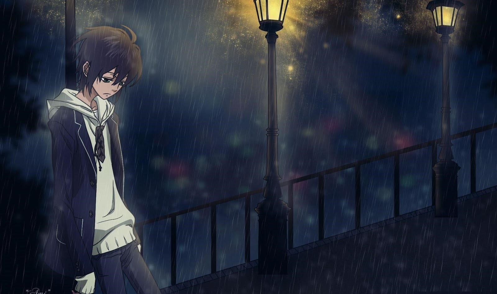 Hình ảnh anime cô đơn buồn trong cơn mưa.
