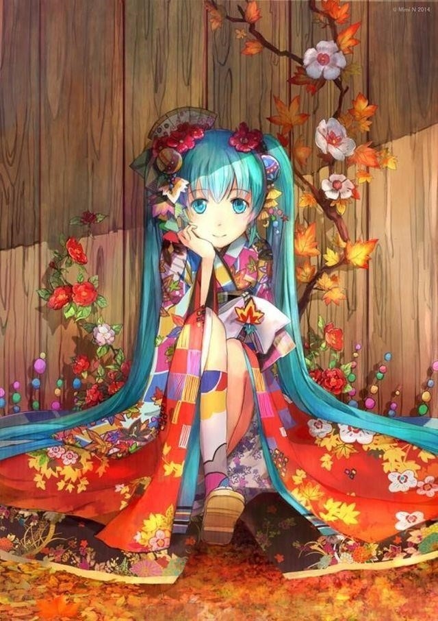 Cô gái hoạt hình tóc màu xanh đẹp đến tuyệt vời trong bộ kimono.