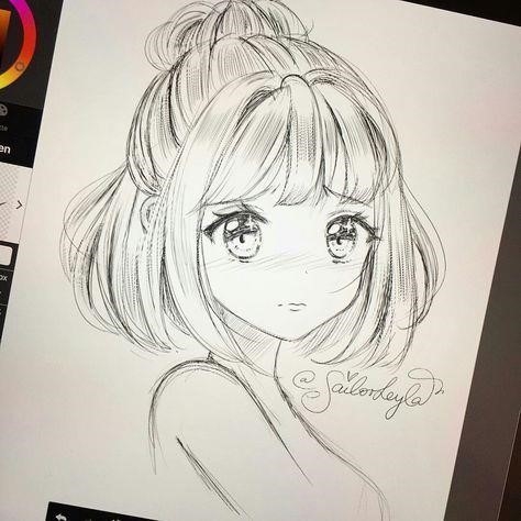 Bức tranh của một cô gái Anime có mái tóc ngắn đáng yêu và buồn.