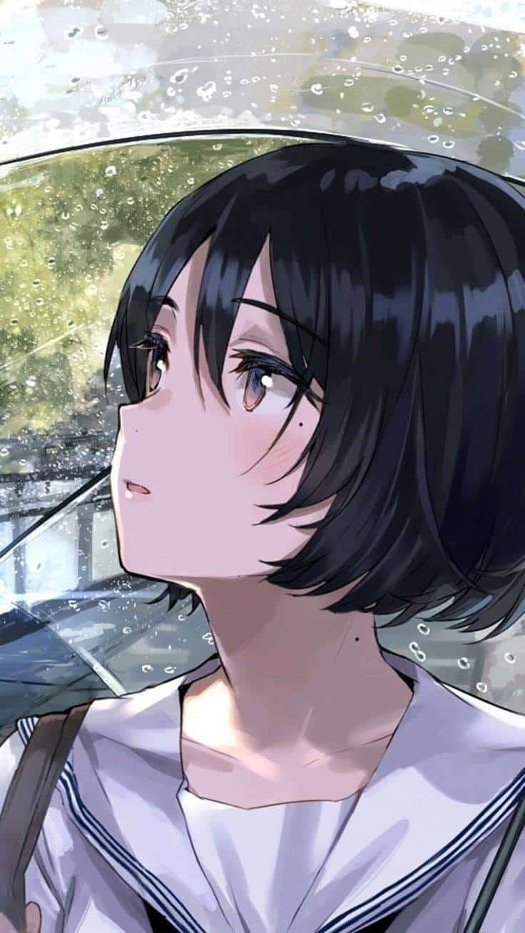 Hình Anime cô gái tóc ngắn đang trầm ngâm