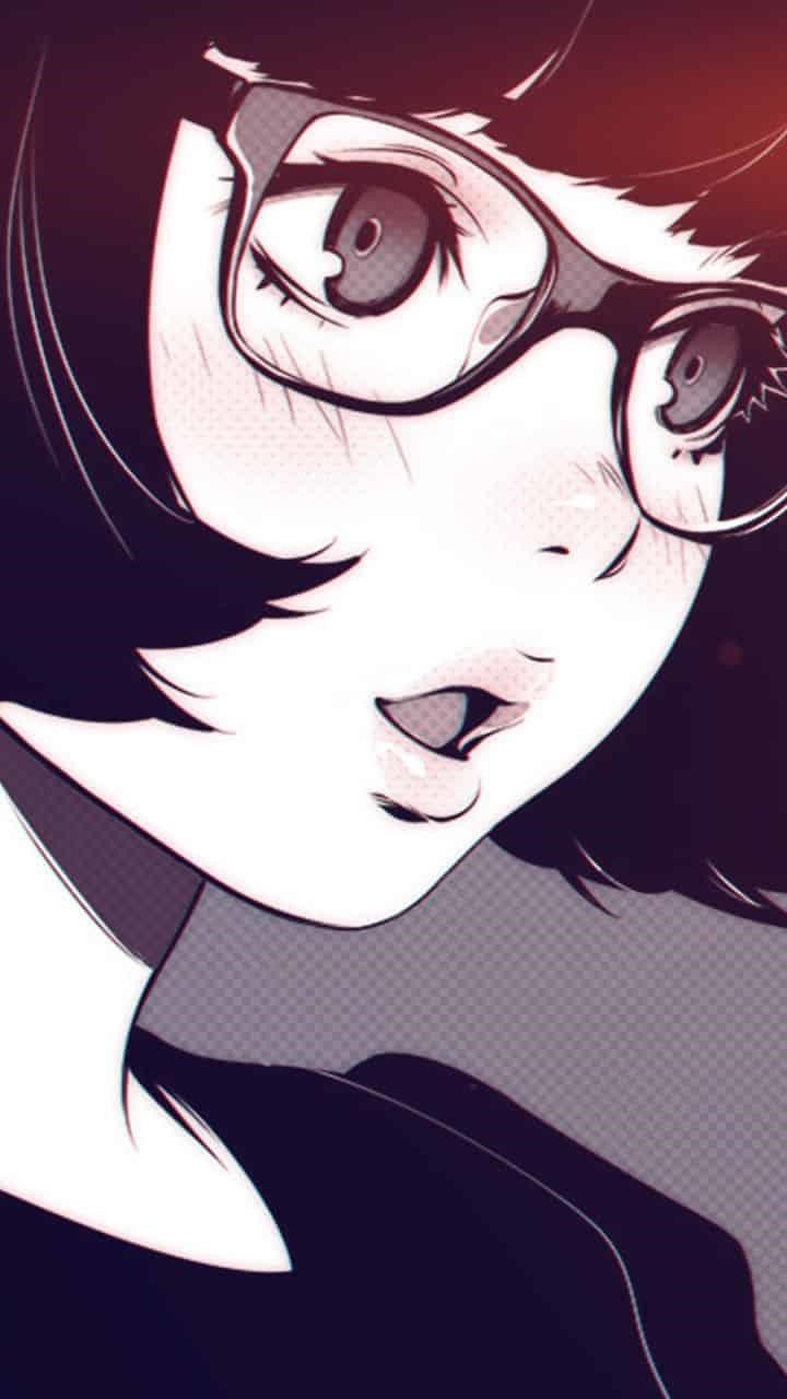 Hình ảnh cô gái Anime đội kính tóc ngắn vô cùng dễ thương.