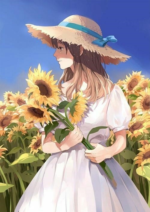 Hình ảnh của một cô gái cầm bó hoa hướng dương trong phong cách anime.