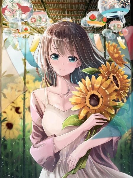 Hình ảnh một cô gái cầm bông hướng dương trong phong cách anime.