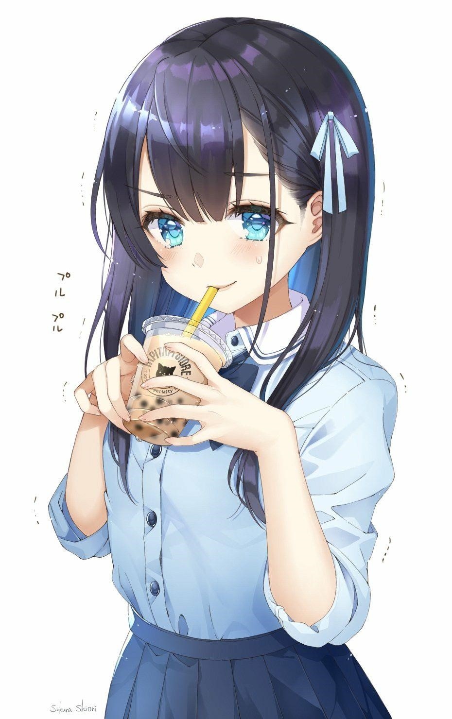 Hình Anime thưởng thức trà sữa đáng yêu