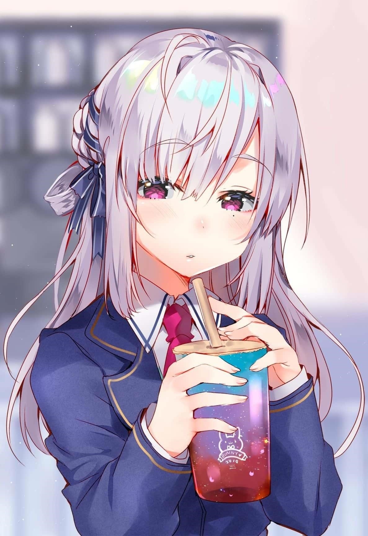 Hình Anime thưởng thức trà sữa đáng yêu và đáng yêu.