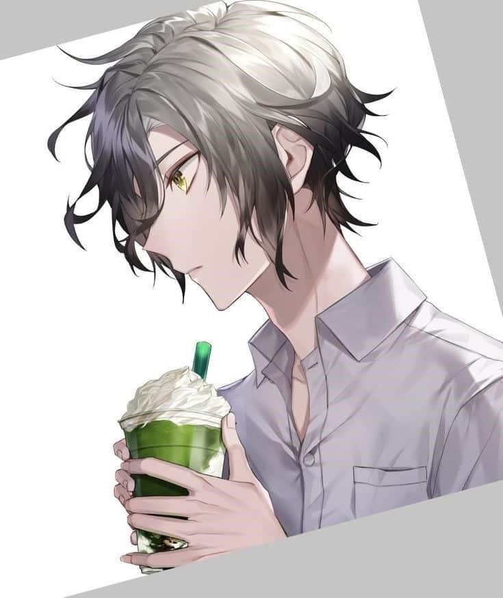 Hình Anime nam uống nước trà sữa đáng yêu