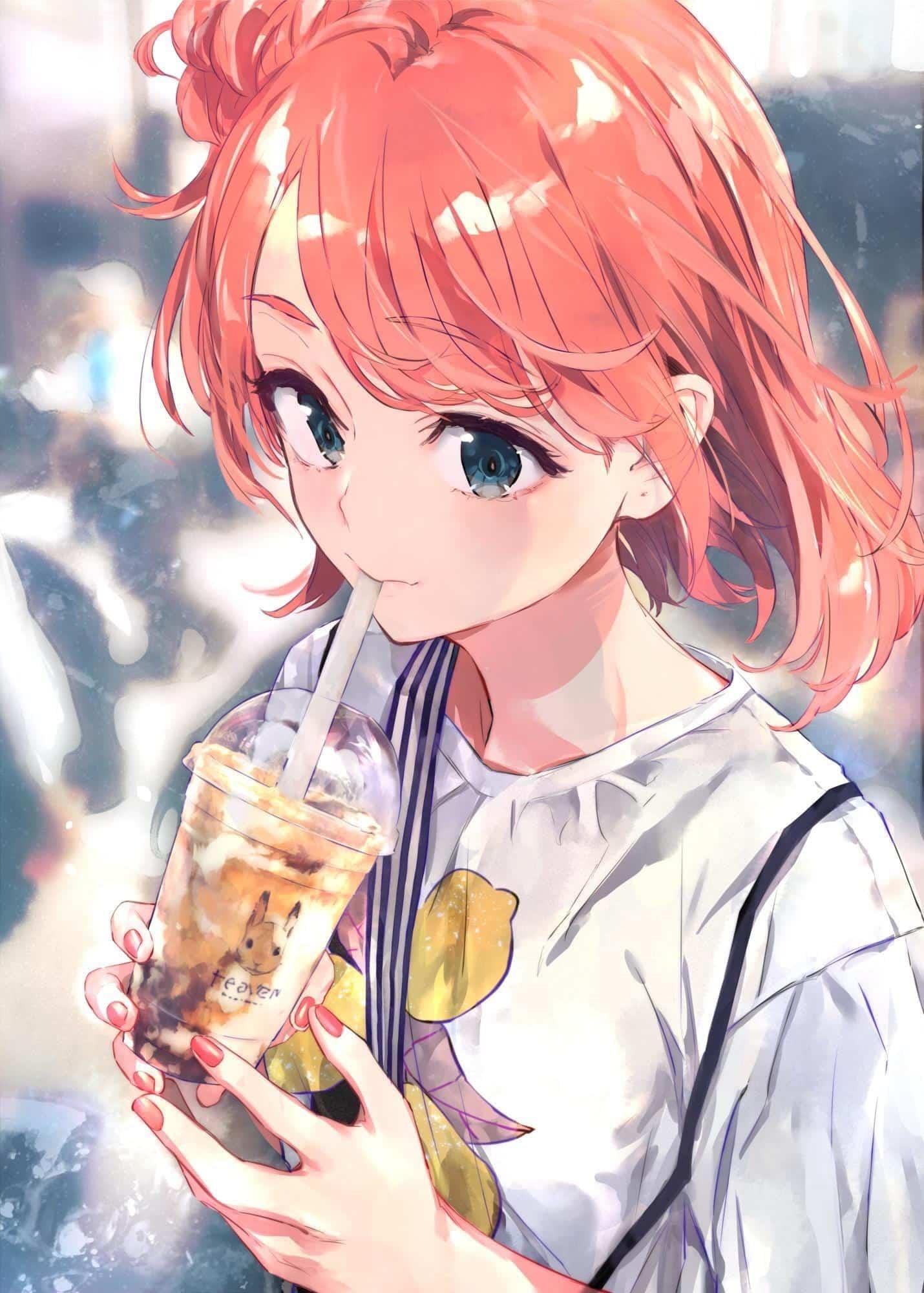 Hình Anime uống trà sữa vô cùng dễ thương