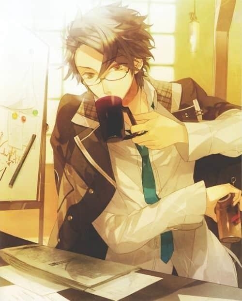 Hình ảnh nam nhân vật trong Anime uống trà sữa và đeo kính như một học sinh