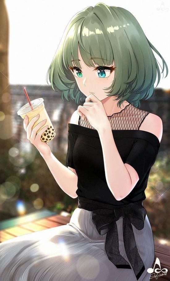 Hình Anime nữ thưởng thức trà sữa đáng nhớ.