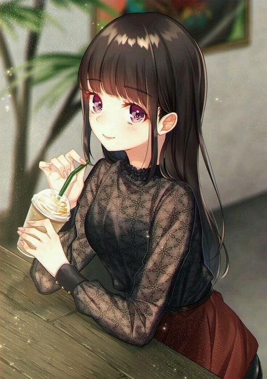Hình ảnh Anime nữ thưởng thức trà sữa xinh đẹp.