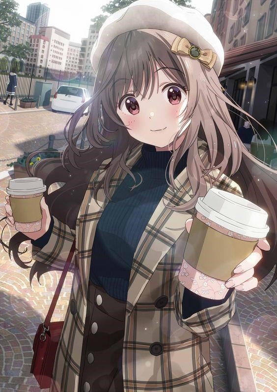 Hình Anime cô gái thưởng thức trà sữa vô cùng đáng yêu.
