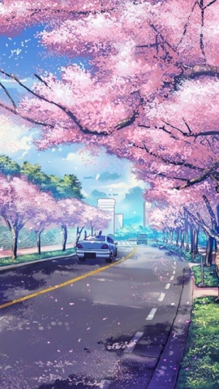 Phong cảnh đường phố trong mùa xuân tươi đẹp trong thế giới hoạt hình.
