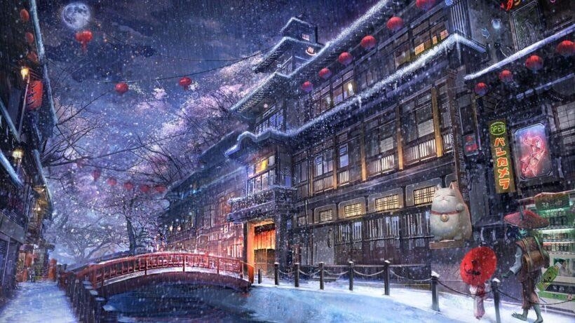 Hình ảnh anime đẹp nhất trong mùa đông thành phố anime, đáng yêu và tâm trạng.