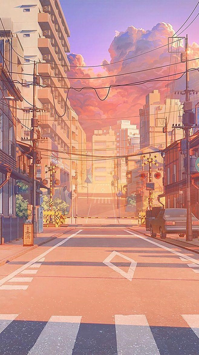 Phong cảnh đường phố anime vô cùng thư thái.