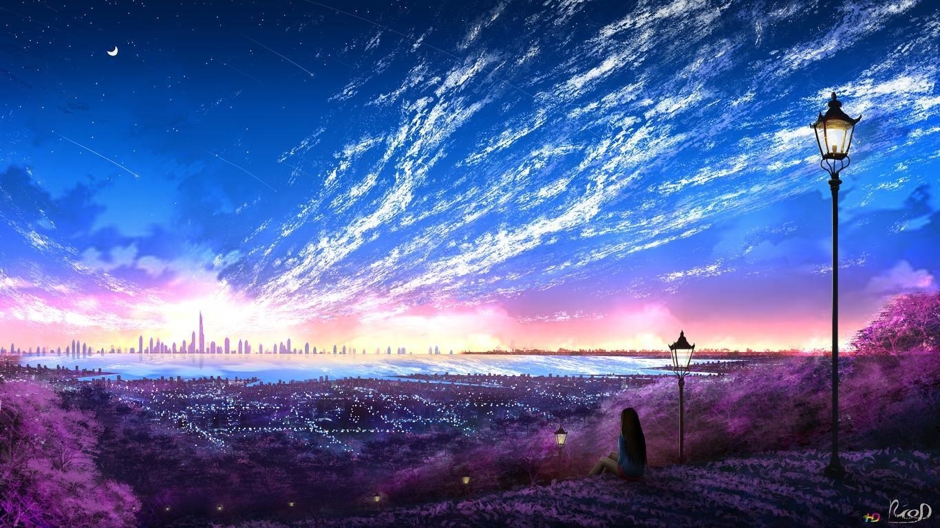 Hình nền 4K của thành phố anime với tông màu xanh và tím đã được tải xuống.