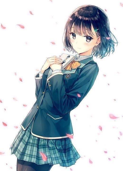 Hình ảnh cô gái học sinh anime tóc ngắn dễ thương.