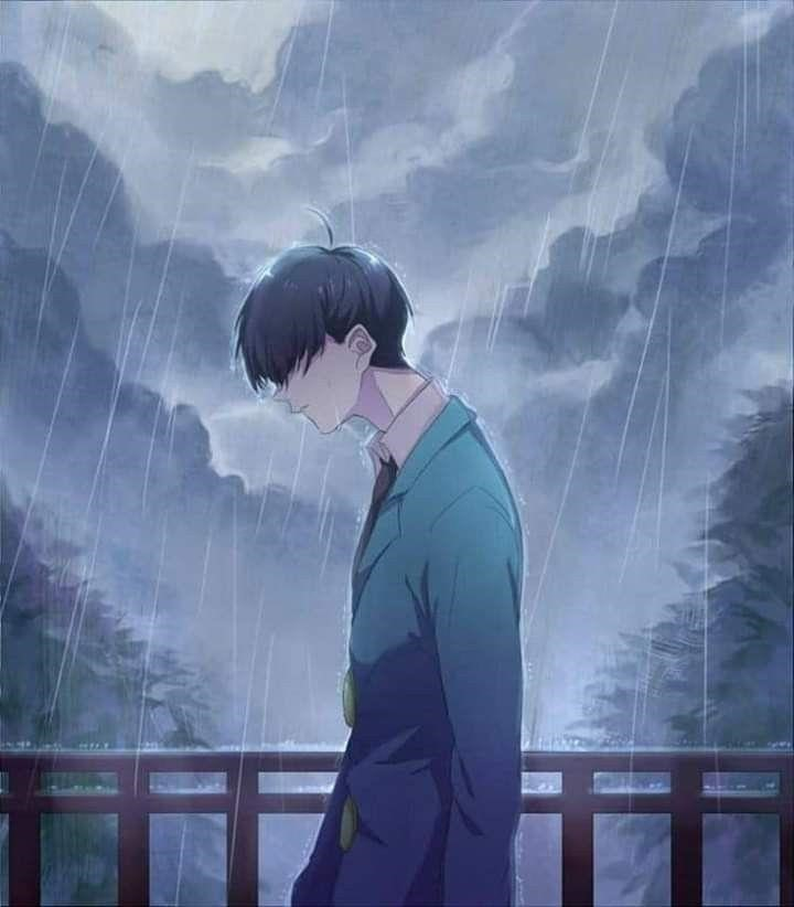 Hình ảnh nam anime đau buồn trong cơn mưa.