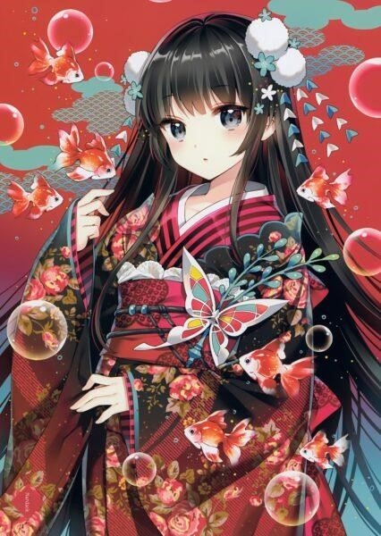Hình ảnh nhân vật anime Nhật Bản ăn mặc trang phục kimono.