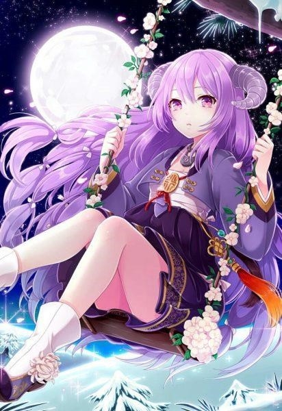 Hình ảnh cô gái anime có mái tóc màu tím sành điệu và lạnh lùng.