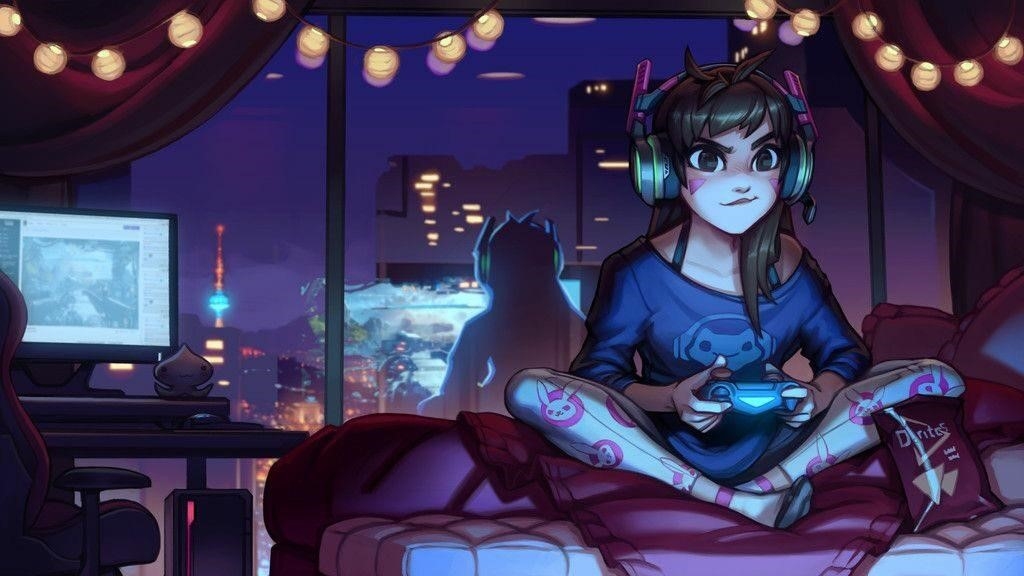 Hình ảnh nhân vật anime tham gia trò chơi vào ban đêm.