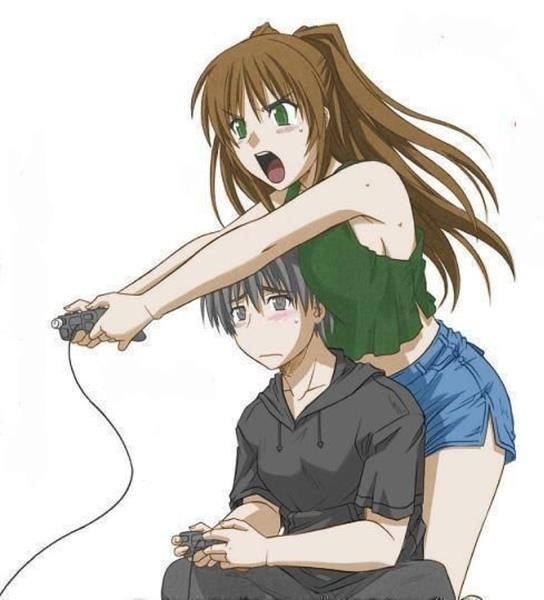 Cặp đôi anime thể hiện tình cảm sâu sắc và biểu cảm hài hước khi chơi game.